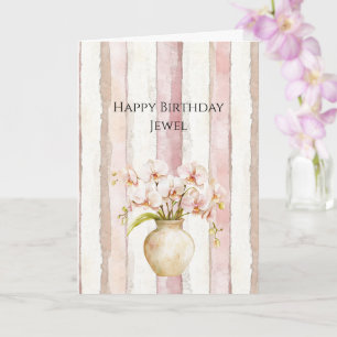 Pink Ivory Cream Stripes Pink Orchids Birthday Card