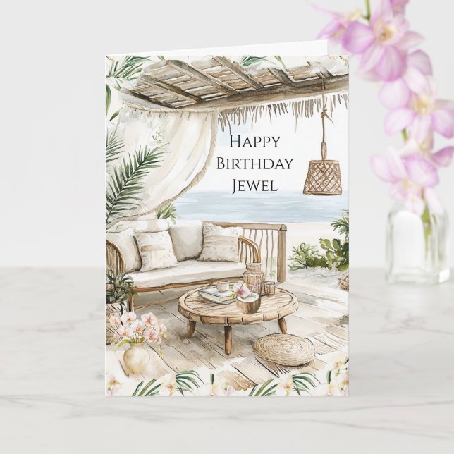 Pink Ivory Cream Stripes Pink Orchids Birthday Card (Orchid)