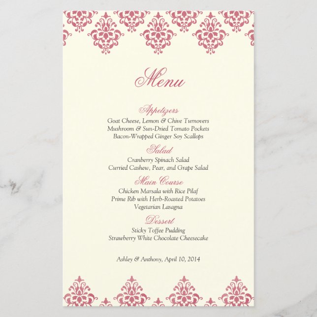 Pink Ivory Damask Arabesque Wedding Menu Card (Front)