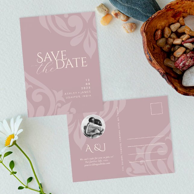 Pink Ivory Damask Photo Wedding Save the Date Announcement Postcard (Creator Uploaded)