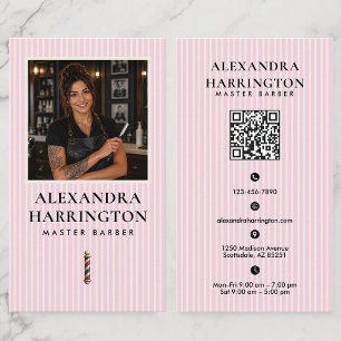 Pink Ivory Female Master Barber Photo Qr Code Business Card