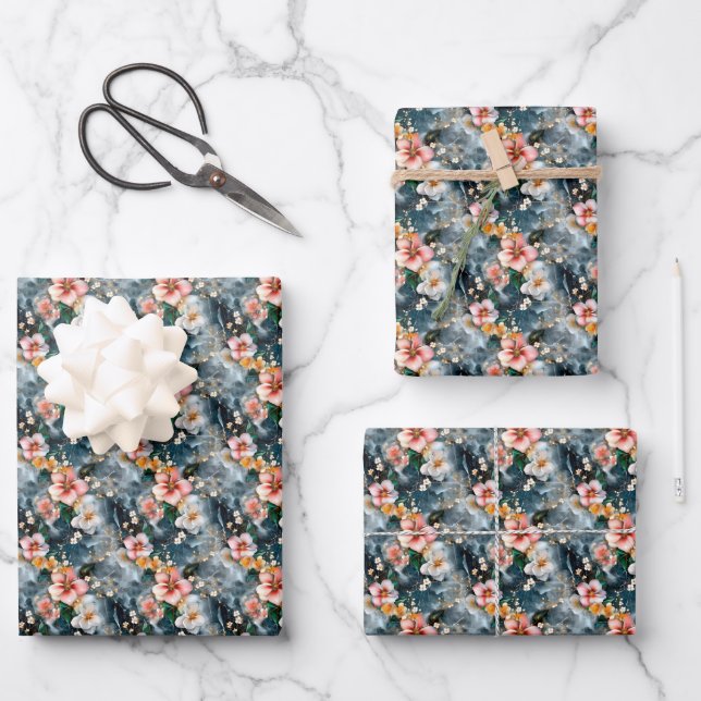 Pink & Ivory Flowers on Marble Wrapping Paper Sheet (Front)