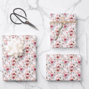 Pink & Ivory Flowers on White Wrapping Paper Sheet