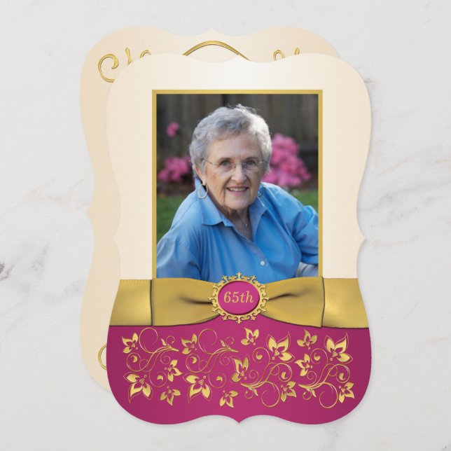 Pink, Ivory, Gold 65th Photo Birthday Invitation (Front/Back)
