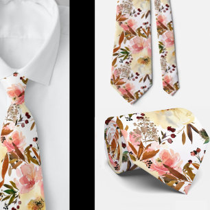 Pink Ivory Off-White Roses Flowers Floral Neck Tie