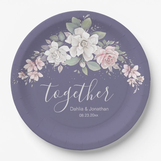 Pink & Ivory Roses Floral "Together" Paper Plate (Front)