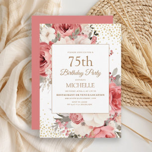 Pink Ivory White Floral Gold Glitter 75th Birthday Invitation