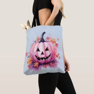 Pink Jack-O' Lantern Light Blue Halloween Tote Bag
