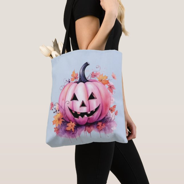 Pink Jack-O' Lantern Light Blue Halloween Tote Bag (Close Up)