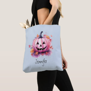 Pink Jack-O' Lantern Light Blue Halloween Tote Bag