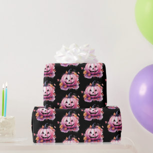Pink Jack-O' Lantern Orange Leaves Black Halloween Wrapping Paper
