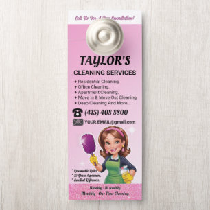Pink Janitorial Lady House Cleaning Service Door Hanger