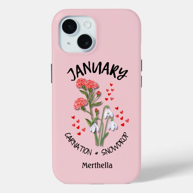 Pink JANUARY Birth Month Flower Custom Name Case-Mate iPhone Case (Back)