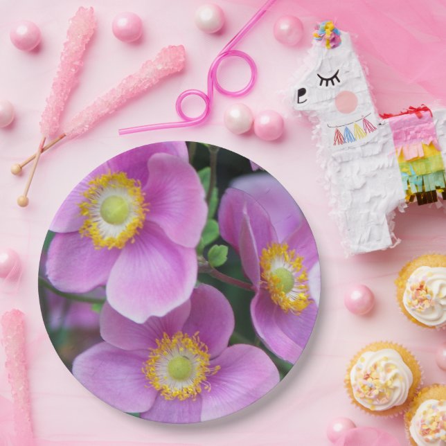 Pink Japanese Anemones Floral Paper Plate (Party)