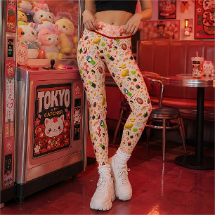 Pink Japanese Maneki Neko Cat and Sushi Leggings