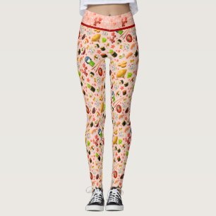 Pink Japanese Maneki Neko Cat and Sushi Leggings