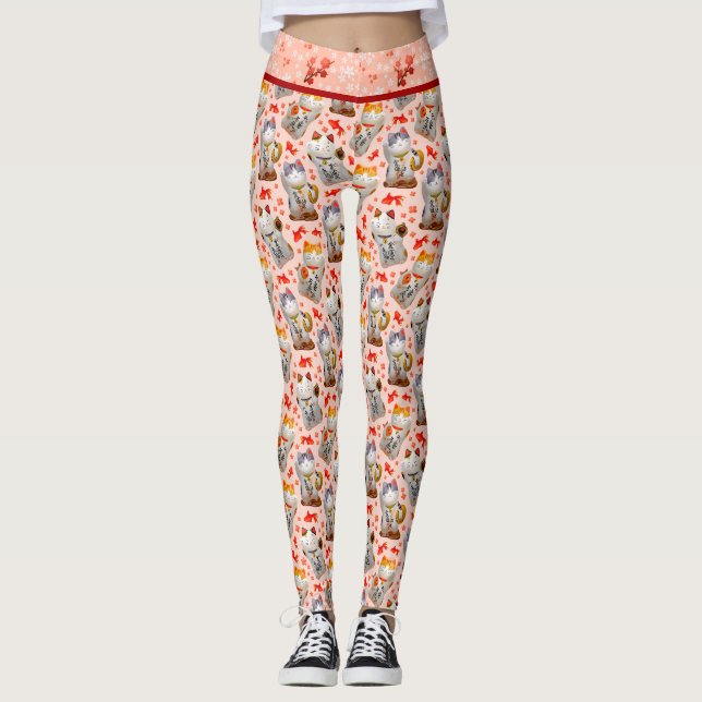Pink Japanese Maneki Neko Cat and Sushi Leggings (Front)
