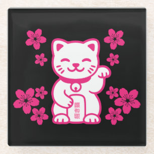 Pink Japanese Maneki-neko Glass Coaster