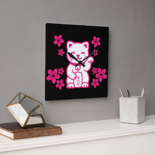 Pink Japanese Maneki-neko Square Wall Clock