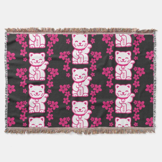 Pink Japanese Maneki-neko Throw Blanket (Front)