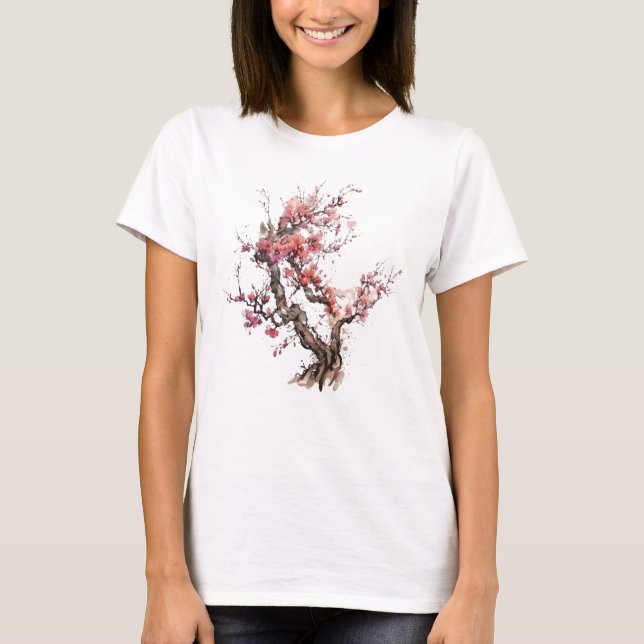 Pink Japanese Sakura Cherry Blossom Watercolor T-Shirt (Front)