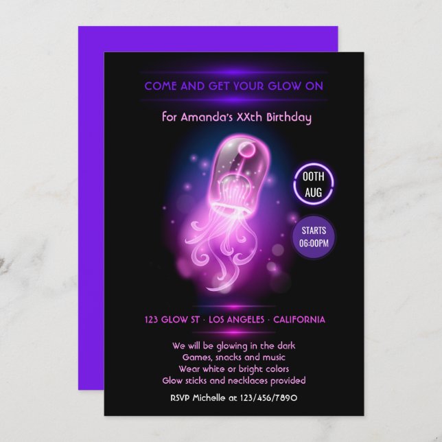 Pink Jellyfish Glow in the Dark Neon Party Invitation (Front/Back)