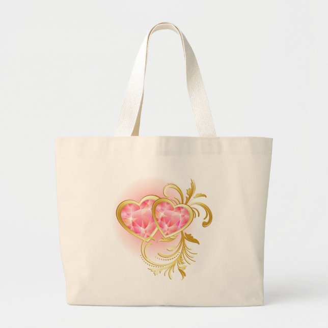 Pink Jewel Hearts Large Tote Bag (Front)