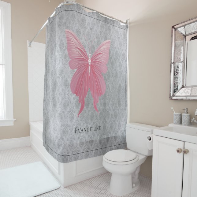 Pink Jewelled Butterfly Shower Curtain (In Situ)