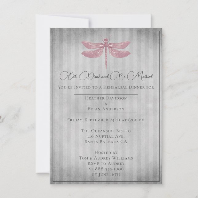 Pink Jewelled Dragonfly Rehearsal Dinner Invitation (Front)