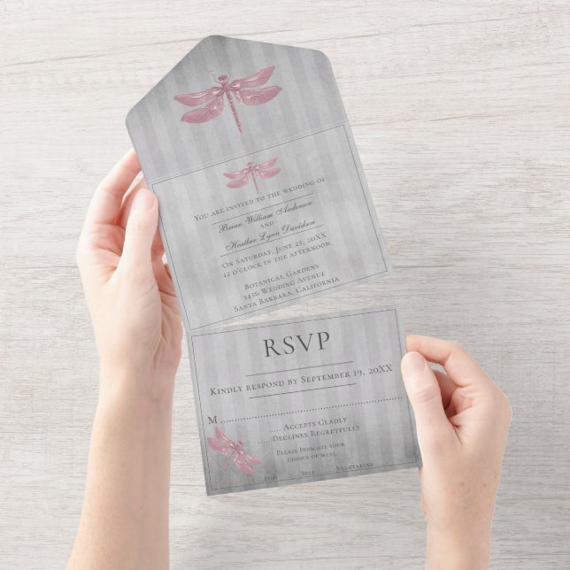 Pink Jewelled Dragonfly Wedding All In One Invitation (Tearaway)