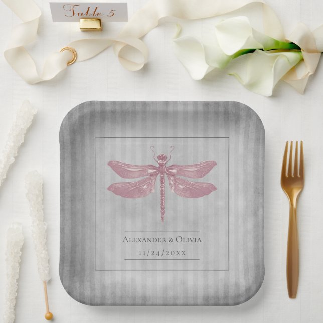 Pink Jewelled Dragonfly Wedding Paper Plate (Wedding)