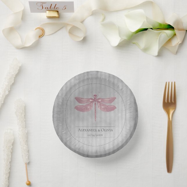 Pink Jewelled Dragonfly Wedding Paper Plate (Wedding)