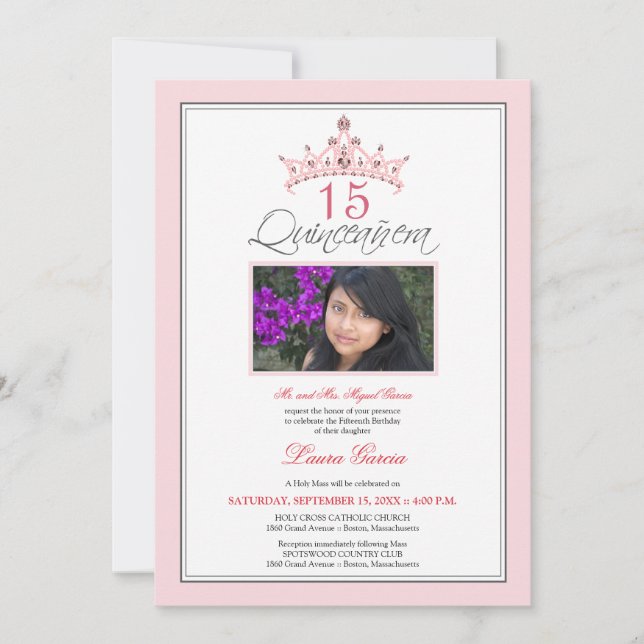 Pink Jewelled Tiara Quinceanera Invitation (pink) (Front)