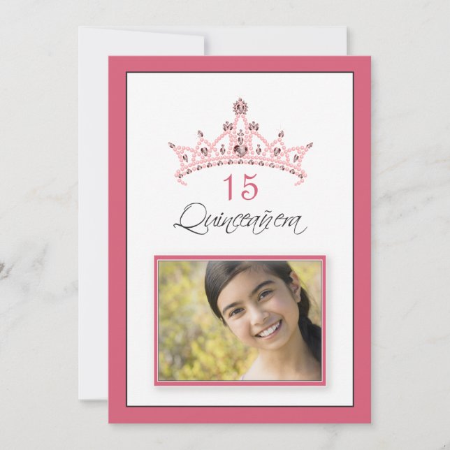 Pink Jewelled Tiara Quinceanera Invitation (rose) (Front)