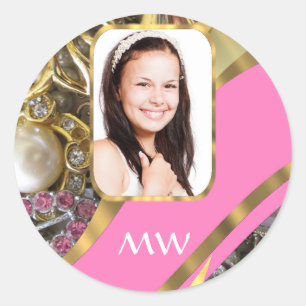 Pink jewellery personalised background classic round sticker