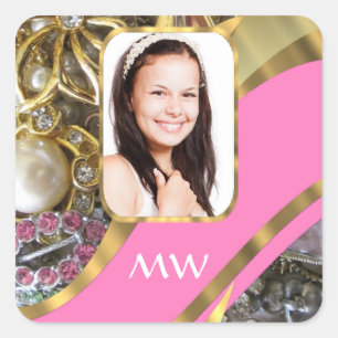 Pink jewellery personalised background square sticker