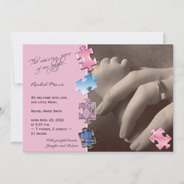 Pink Jigsaw Puzzle Photo Baby Announcement (Front)