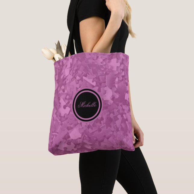 Pink Jigsaw Puzzles Add Name or Monogram Tote Bag (Close Up)