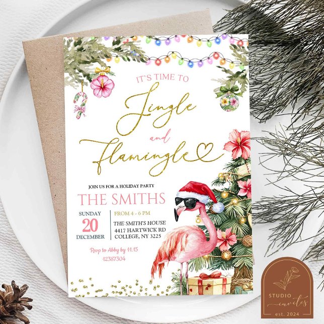 Pink Jingle and Flamingo Tropical Christmas Invitation (Creator Uploaded)
