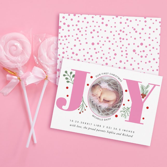 Pink Joy First Christmas holiday photo baby birth Announcement (Creator Uploaded)