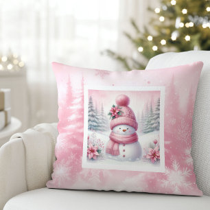 Pink Joy Snowman Cute Winter Scene Decor Pillow
