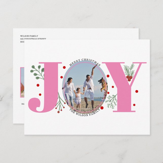 Pink Joy with berries Christmas holiday photo Postcard (Front/Back)