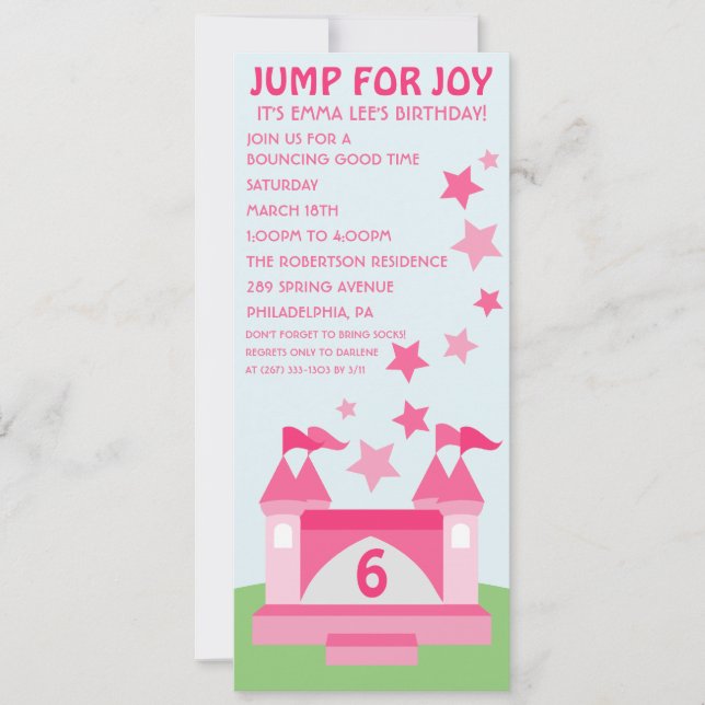 Pink Jump for Joy Bounce House Birthday Invitation (Front)