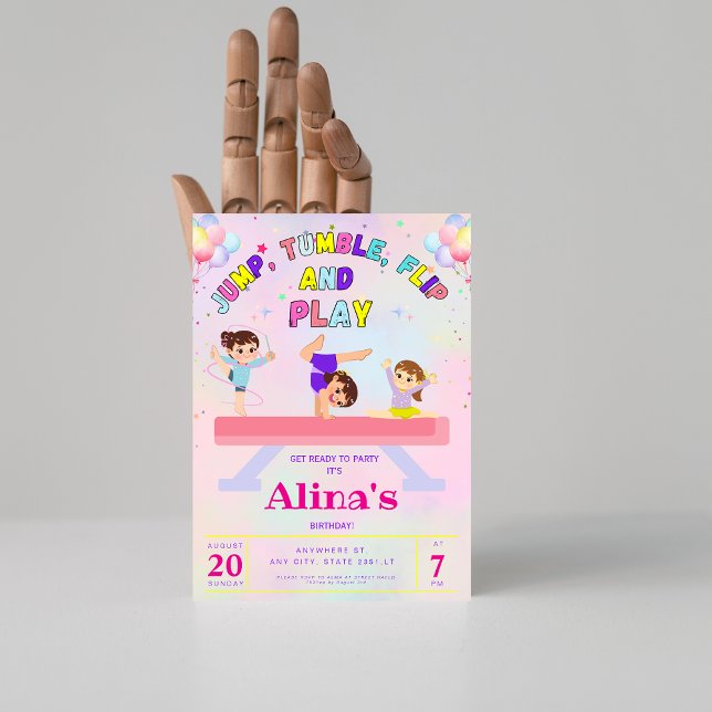 Pink Jump tumble & flip Gymnastics Birthday  Invitation (Creator Uploaded)