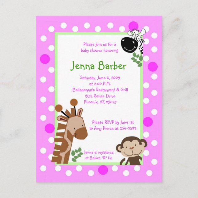Pink Jungle Adventure Baby Shower Post Card (Front)