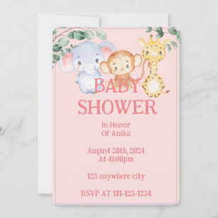 Pink jungle animals baby shower invitation