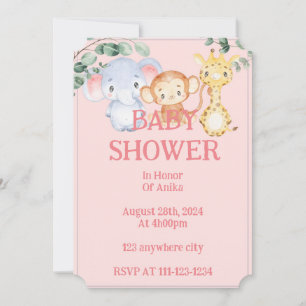 Pink jungle animals baby shower invitation