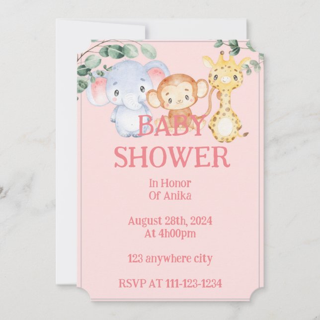 Pink jungle animals baby shower invitation (Front)