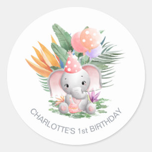 Pink Jungle Elephant 1st Birthday Classic Round Sticker