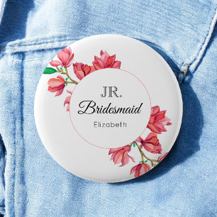 Pink Junior Bridesmaid Floral White 6 Cm Round Badge